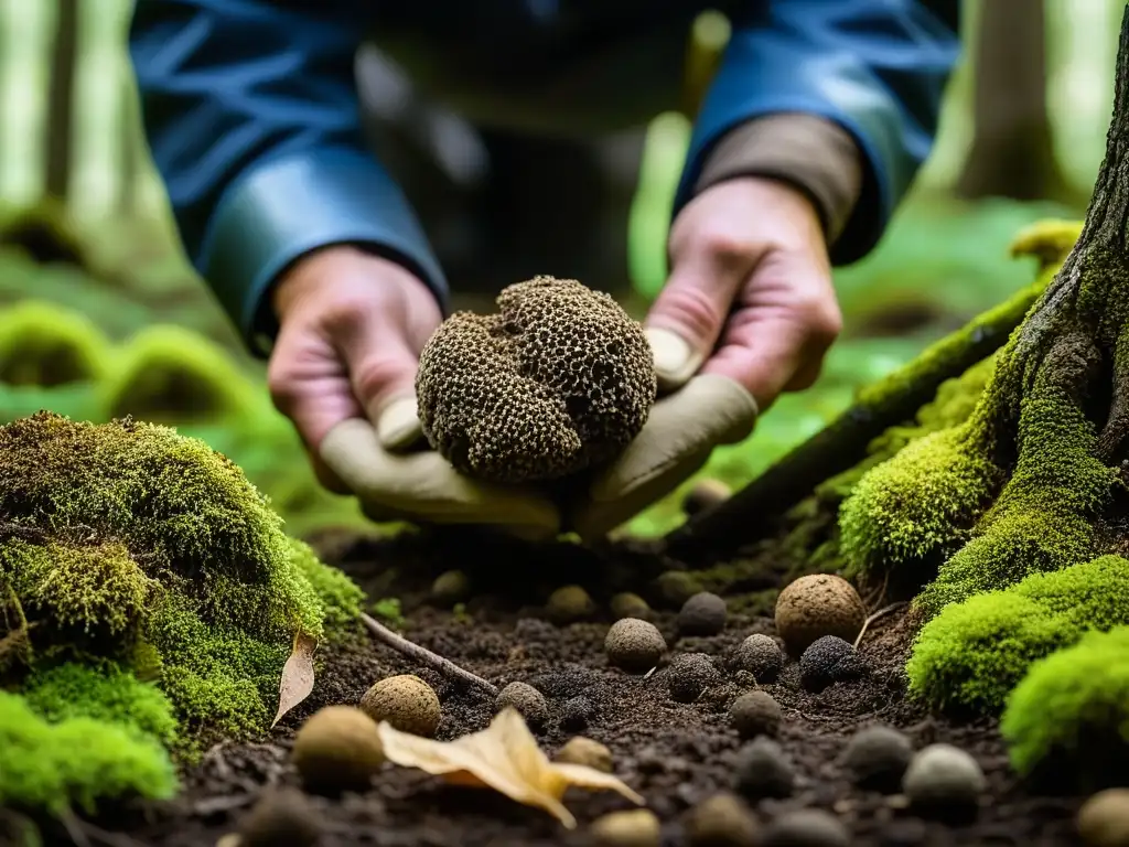 Un experto recolector de trufas usando un perro para buscar trufas bajo el suelo del bosque