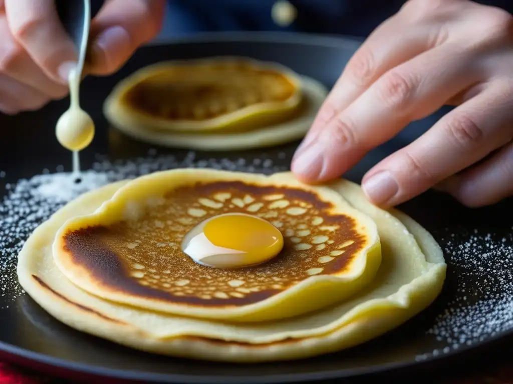 Un experto prepara blinis rusos con destreza, mostrando el proceso tradicional con detalle y pasión