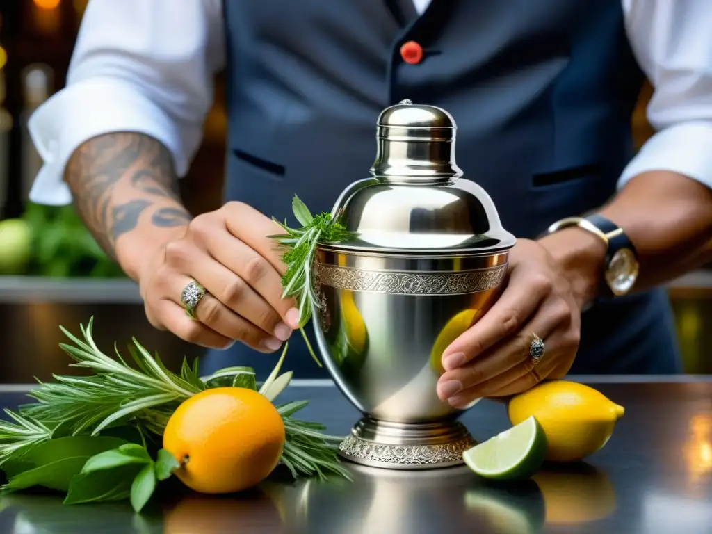 Un experto bartender revive técnicas antiguas cócteles Renacimiento al mezclar hierbas y frutas en un elegante agitador de cócteles de plata