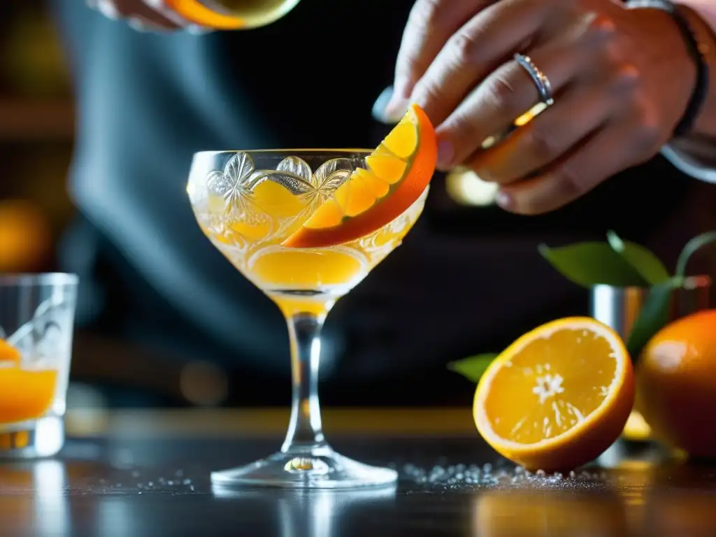 Magia cítrica: el arte renacentista de coctelería en acción Un bartender experto revive técnicas olvidadas de cócteles Renacimiento al torcer una cáscara de naranja sobre un vaso de cóctel