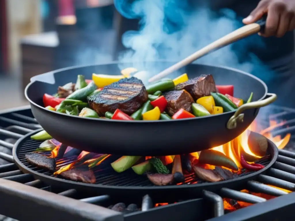 Un experto vendedor de cocina callejera africana prepara alimentos vibrantes sobre una parrilla de carbón, destacando la esencia cultural