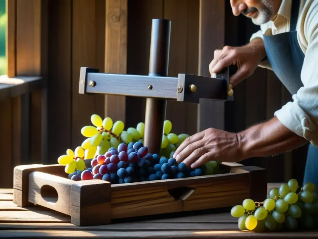 Un experto vinicultor del Renacimiento exprime uvas con prensa de madera, reflejando la tradición vinícola