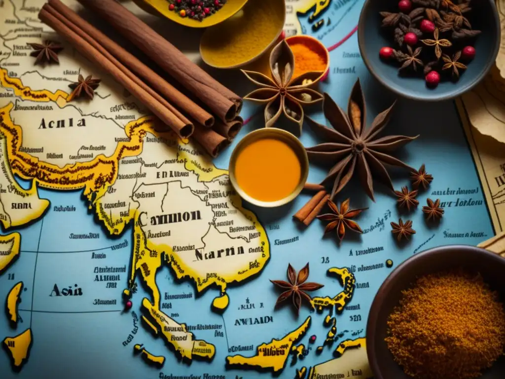 Una exploración de sabores exóticos: ingredientes vibrantes sobre un antiguo mapa de Asia