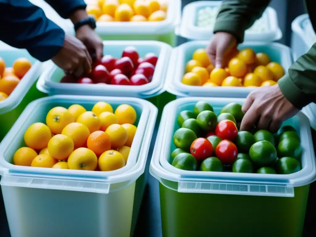 Exploradores embalando alimentos frescos en contenedores aislados, mostrando cuidado y precisión en el transporte y conservación de alimentos