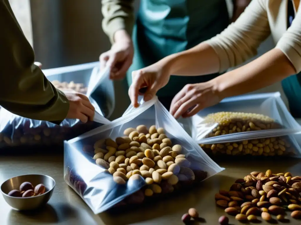 Exploradores empacan frutas y nueces en bolsas selladas al vacío, mostrando técnicas de transporte y conservación de alimentos