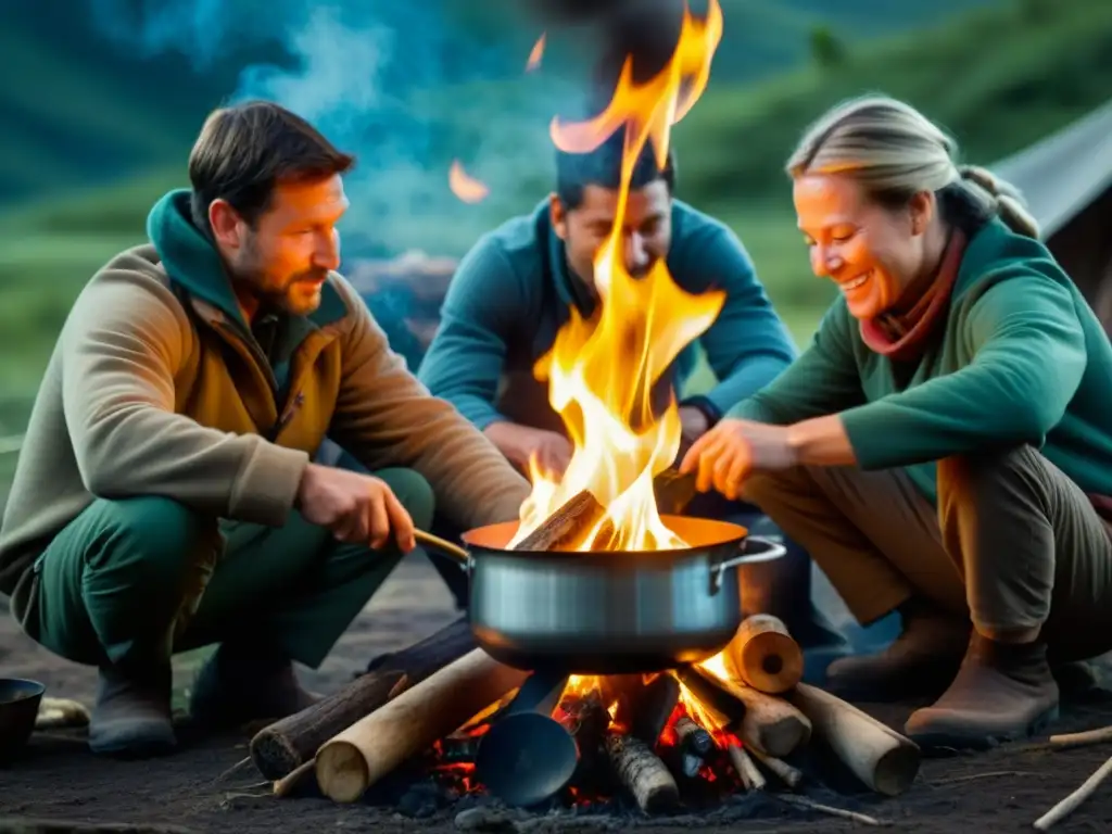 Exploradores cocinan con métodos tradicionales en expedición, transmitiendo comunidad y alimentación sustentable