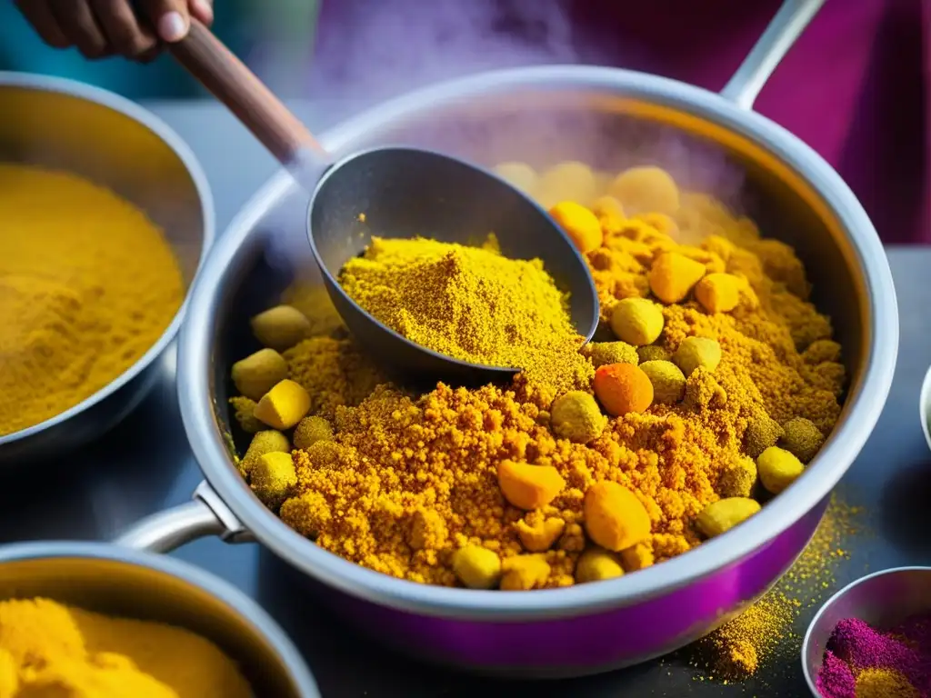 Una explosión de color en la cocina tradicional de Holi mientras se prepara una receta histórica con especias vibrantes