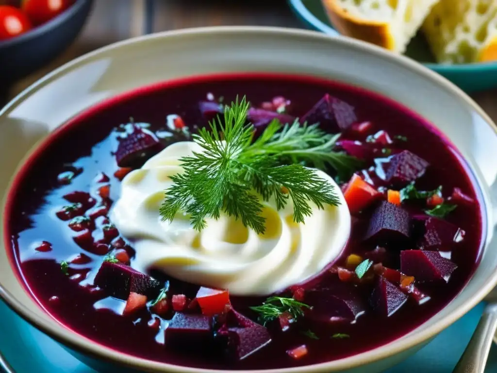 una explosión de color en un plato de borscht en la era Catalina Grande, con remolacha púrpura, tomates rojos y crema agria