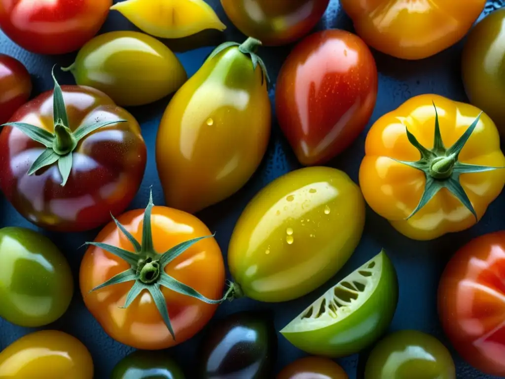 Una explosión de colores y formas en tomates antiguos, reflejando la abundancia y frescura de las hortalizas en la dieta americana del siglo XIX