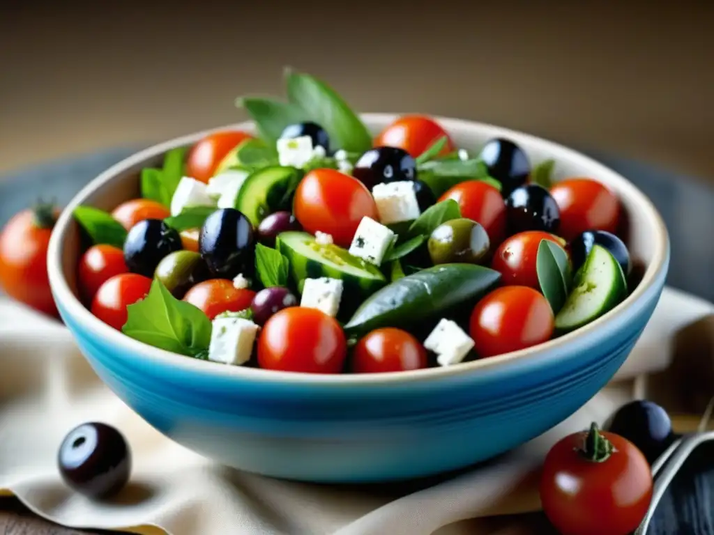 Una explosión de colores y sabores en una ensalada griega, reflejo de la influencia de la dieta griega en la cocina mediterránea