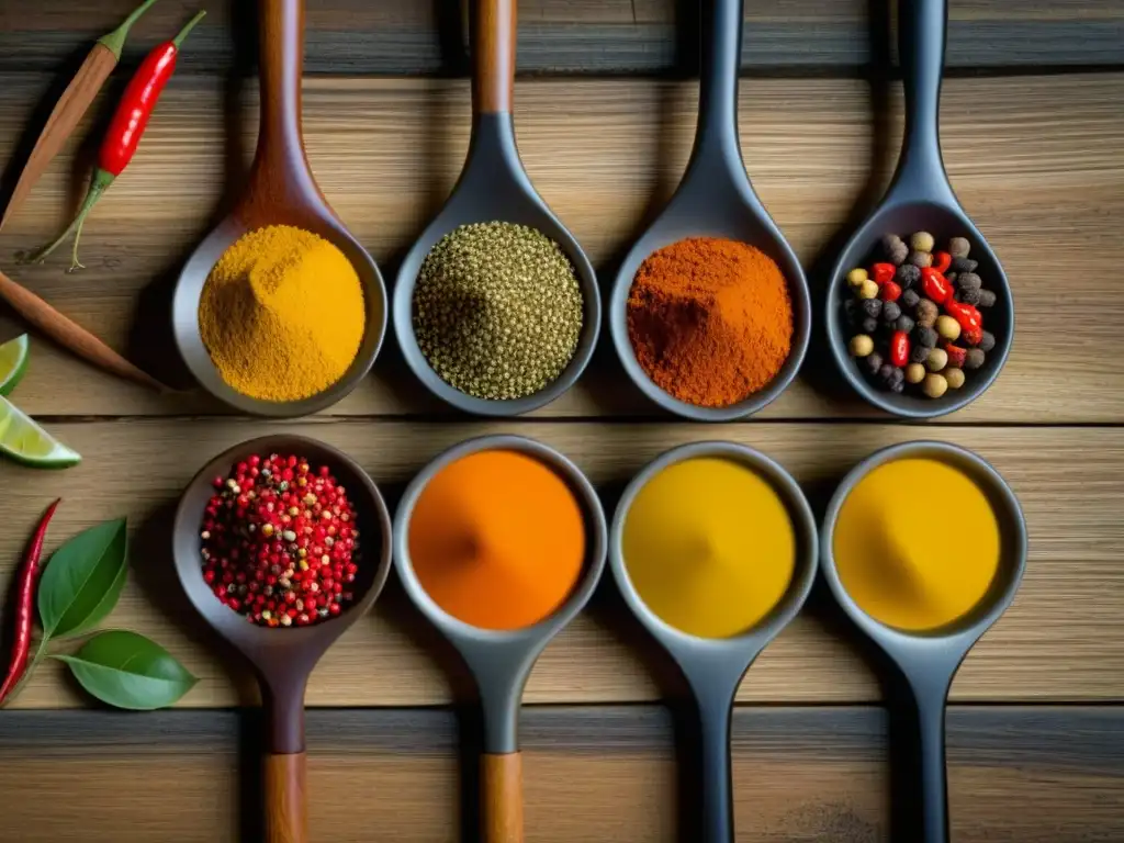 Esencias vibrantes de especias africanas y caribeñas Una explosión de colores y sabores: especias africanas y caribeñas en armoniosa mezcla sobre mesa rústica