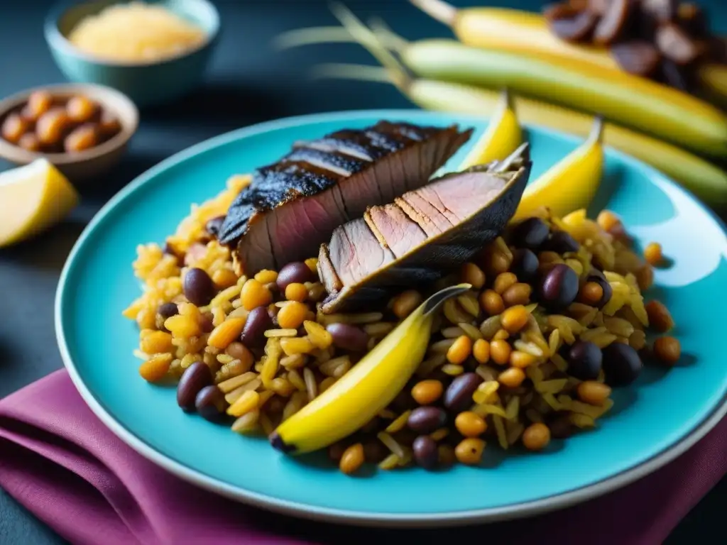 Una explosión de colores y sabores en un plato de arroz con gandules, chips de plátano y cerdo marinado