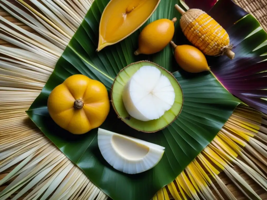 Una explosión de colores y texturas de alimentos tradicionales precoloniales de Micronesia en una cesta de hojas de palma tejidas