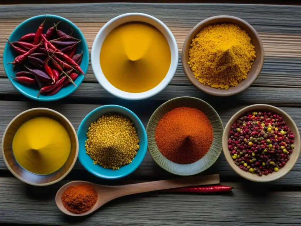 Una explosión de colores y texturas de especias amazónicas en bowls sobre mesa de madera rústica