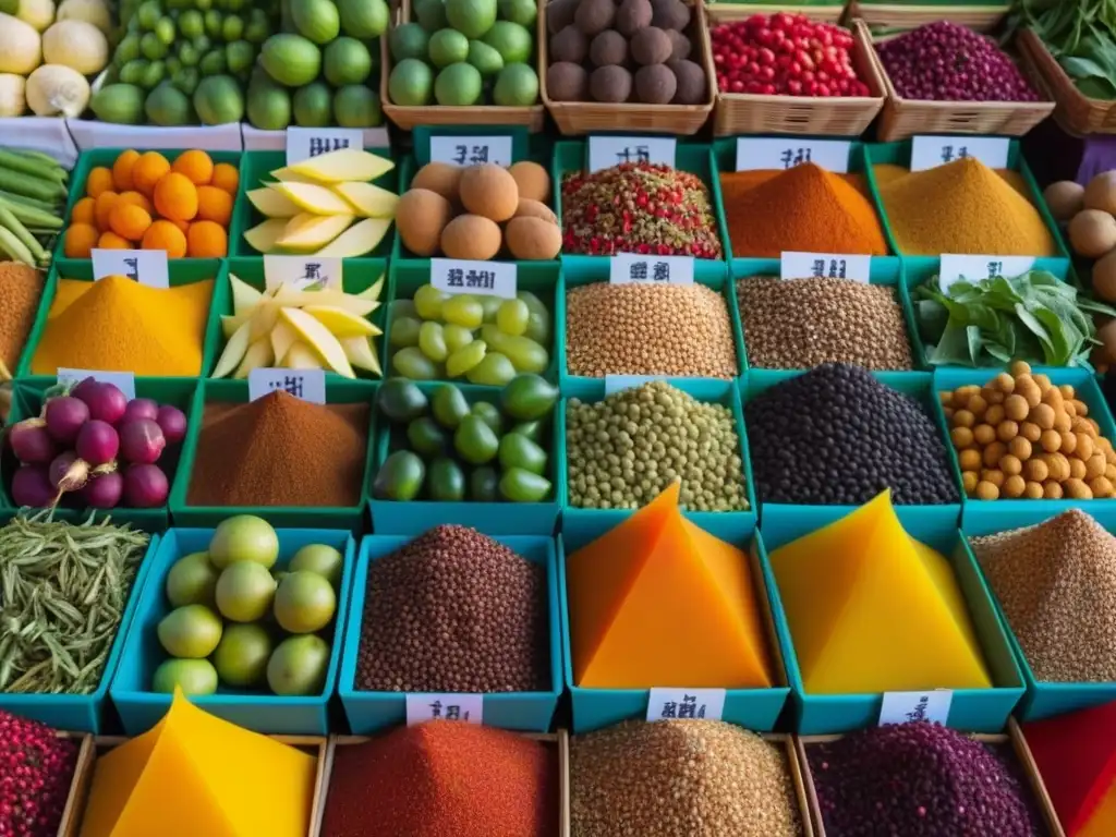 Una explosión de colores y texturas en un mercado de Asia Central, con ingredientes exóticos cocina Asia Central