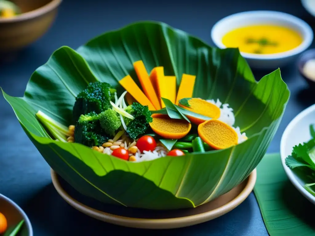 Una explosión de colores y texturas en un plato tradicional vietnamita 'Cơm Chay', representando la Revolución Vegetariana Sudeste Asiático