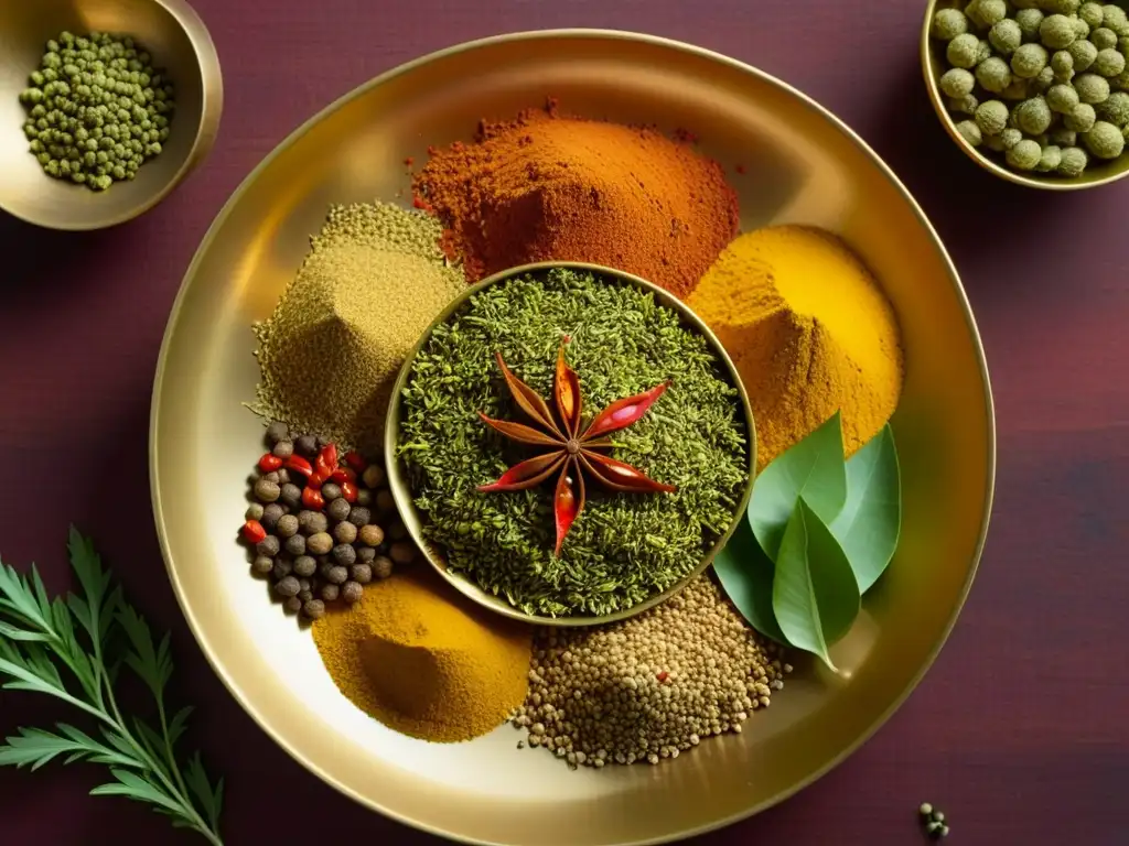 Una explosión de especias coloridas en la cocina vegetariana India antigua, detalladas y vibrantes