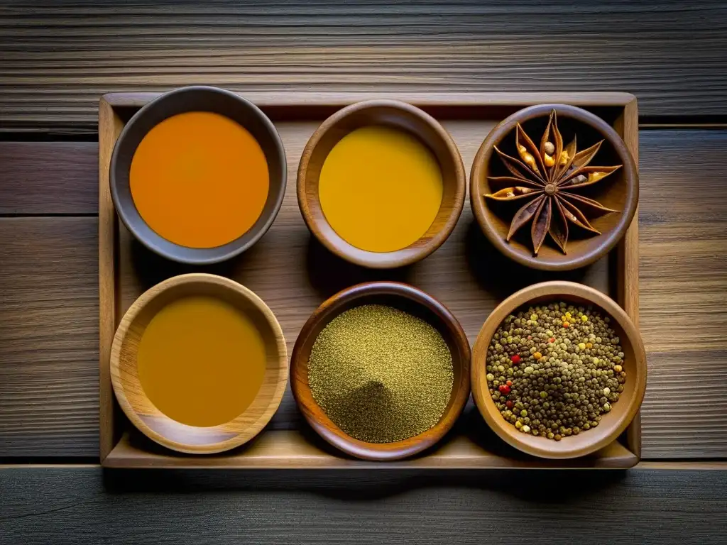 Exóticas especias africanas y americanas en detalle Una explosión de especias vibrantes y coloridas en cuencos de madera, representando la influencia africana en cocina americana