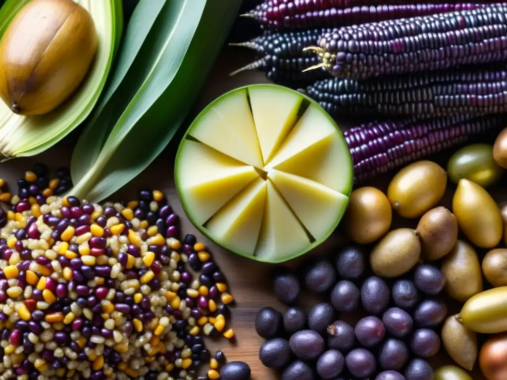 Una explosión de ingredientes andinos tradicionales en detalle, mostrando colores y texturas únicas