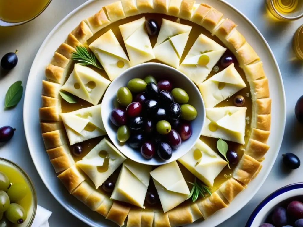 Una explosión de sabores y colores en alimentos históricos de la cultura griega: aceitunas, higos, uvas, queso feta y miel sobre baklava