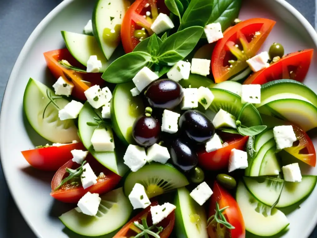 Una explosión de sabores y colores en una ensalada griega tradicional, representando la transformación dieta griega cocina moderna