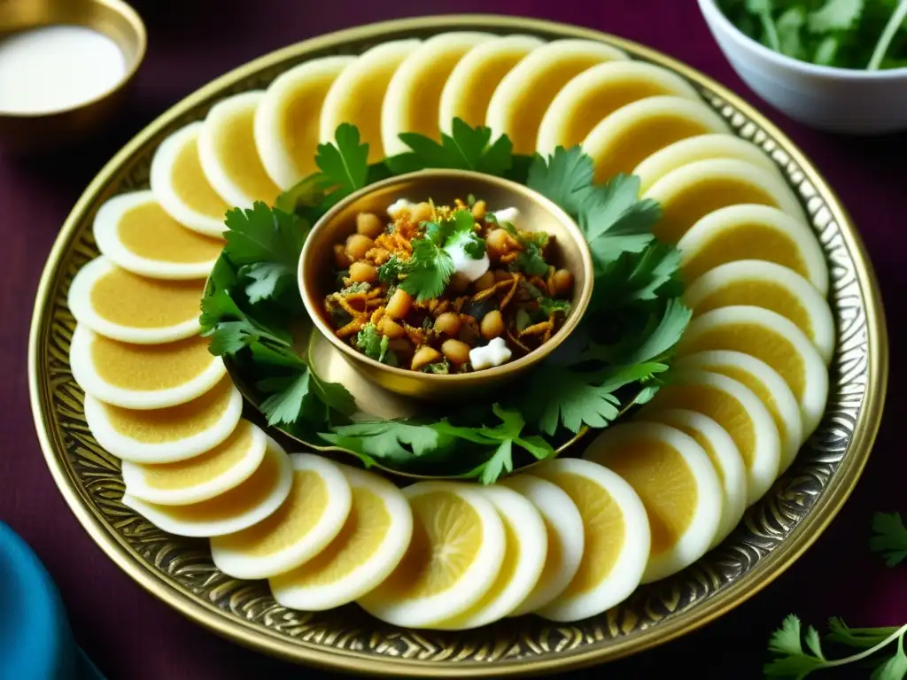 Una explosión de sabores y colores en un plato de chaat, con sev crujiente, chutney de tamarindo, yogur, cebolla y cilantro fresco