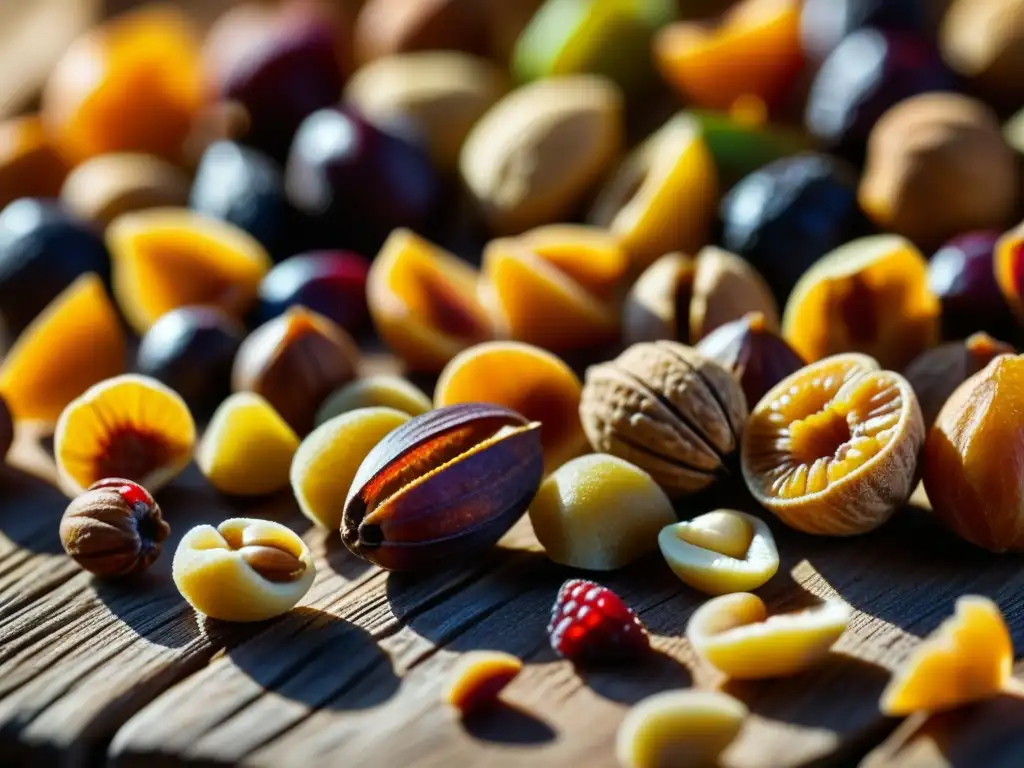 Una exquisita armonía de frutos secos y frutas secas antiguas en una mesa de madera envejecida, iluminados por la cálida luz del sol