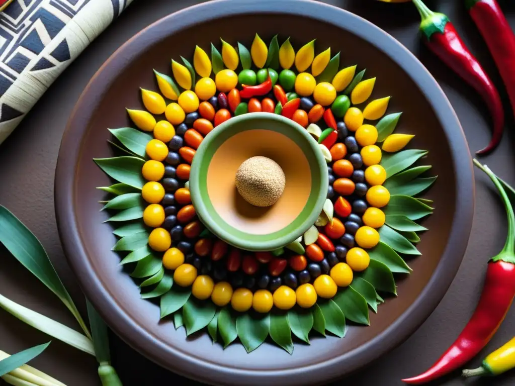 Exquisita artesanía culinaria azteca con ingredientes coloridos y texturas vívidas