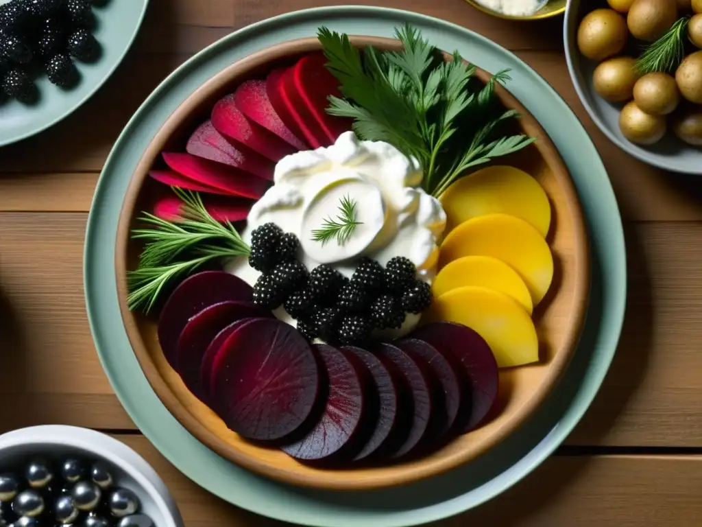 Una exquisita bandeja de ingredientes tradicionales rusos: remolacha, eneldo, crema agria, papas, caviar y setas, en detalle impresionante