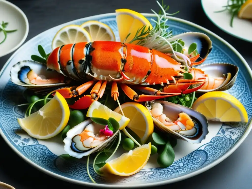 Una exquisita bandeja de mariscos frescos, decorada con cítricos, brotes y flores comestibles