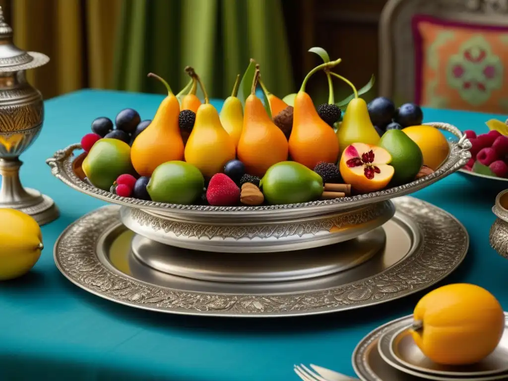 Una exquisita bandeja de plata antigua llena de frutas y especias, en una mesa histórica decorada con lujo y elegancia