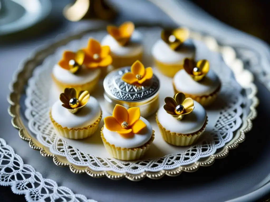 Exquisita bandeja de plata con petit fours y pasteles, detalle aristocrático en palacio