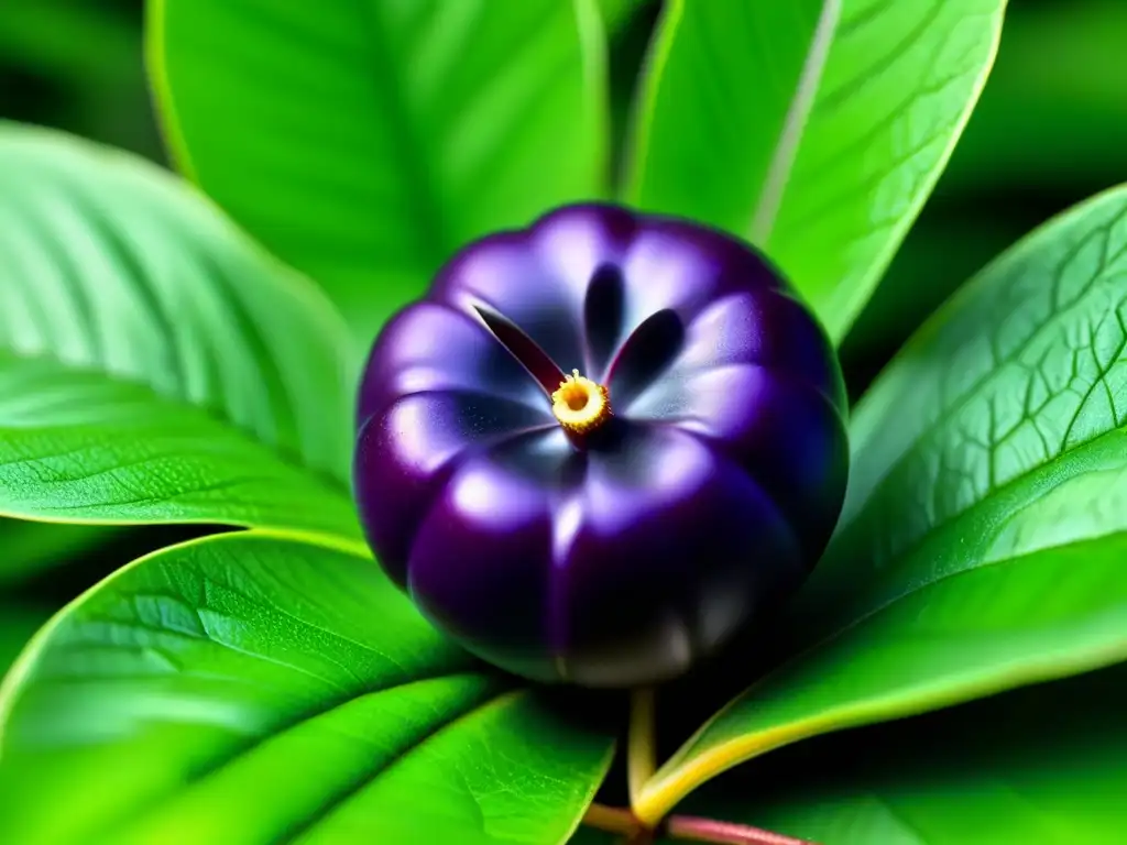 Una exquisita baya de açaí púrpura sobre hojas verdes, resaltando su color y textura, invitando a descubrir su poder antioxidante