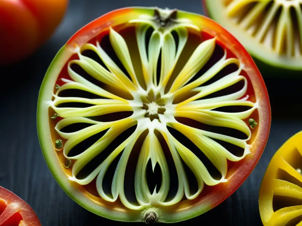 La exquisita belleza de un tomate ancestral orgánico impacta con sus colores y patrones vibrantes