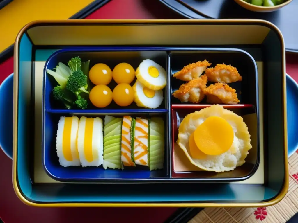 Una exquisita bento box fusionando influencias gastronomía japonesa Era Meiji con platos occidentales