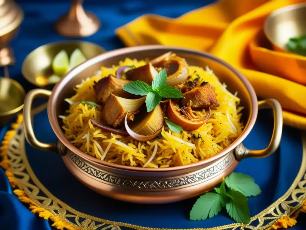 Una exquisita biryani Mughlai servida en un handi de cobre, decorada con azafrán, menta y cebolla frita, sobre un mantel de seda azul y dorado