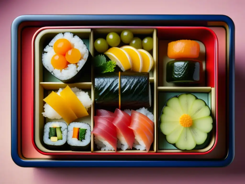 Bento japonés: arte culinario inspirado en la moda del Edo Una exquisita caja bento japonés, con sushi, tempura y frutas, reflejando la elegancia de la Moda Era Edo en cocina