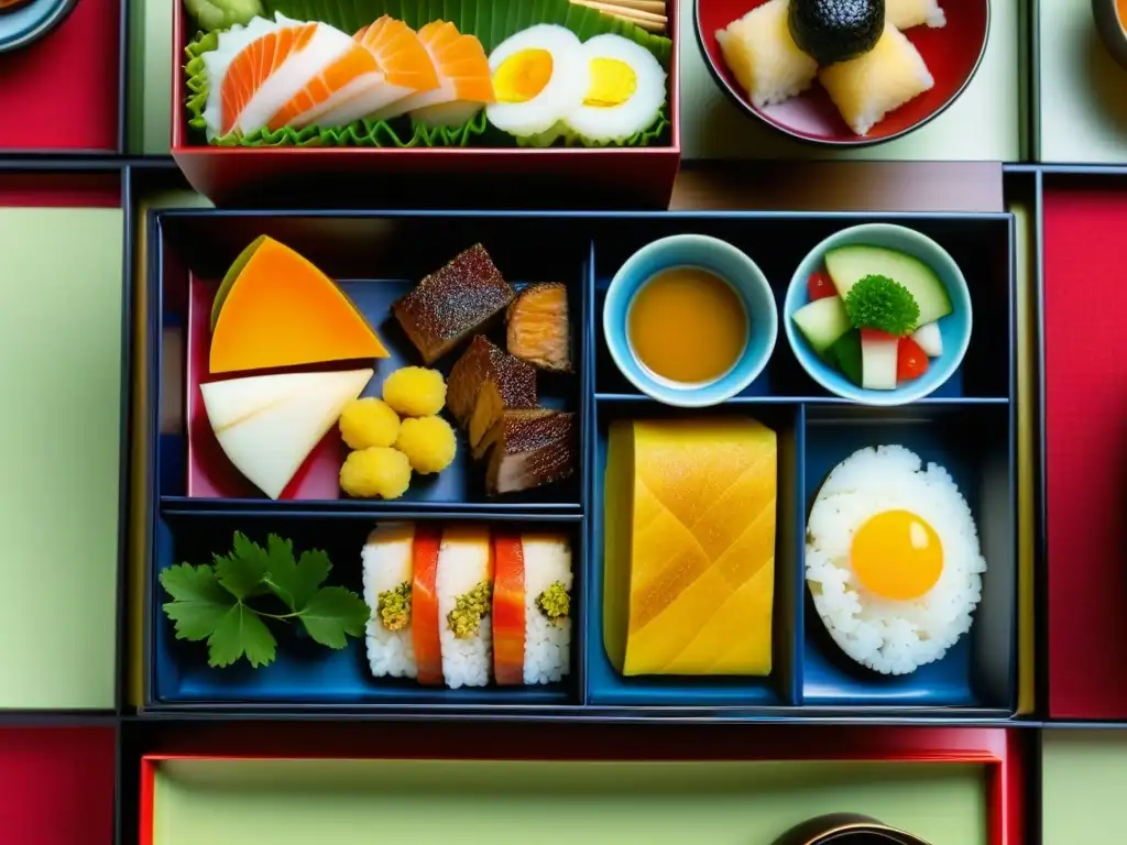 Una exquisita caja bento japonesa detalladamente decorada durante la Restauración Meiji, reflejando la cultura alimentaria de Japón