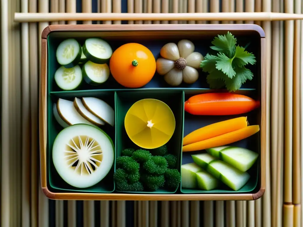 Una exquisita caja bento japonesa con vegetales vibrantes y cortados con precisión, sobre un mantel de bambú