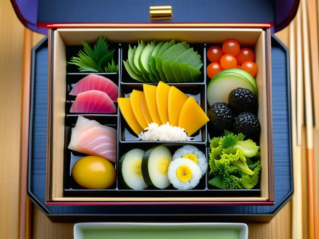 Una exquisita caja bento japonesa del periodo Edo, con ingredientes frescos y vibrantes