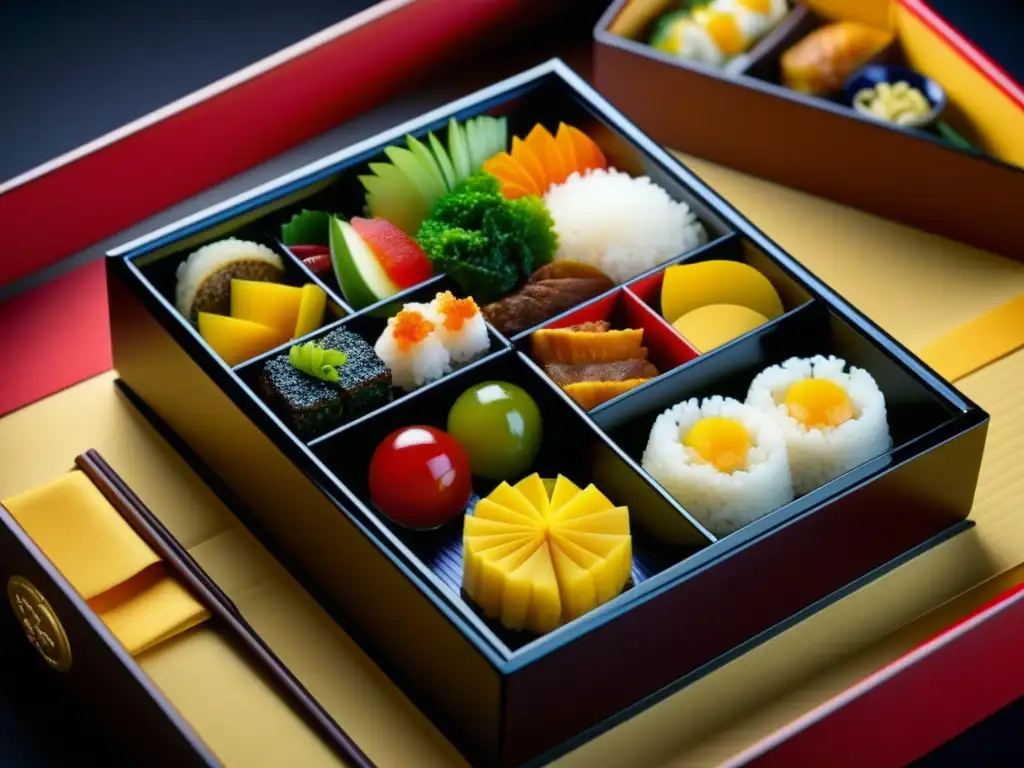 Una exquisita caja bento japonesa de la época Edo, resaltando la colorida y tradicional dieta japonesa