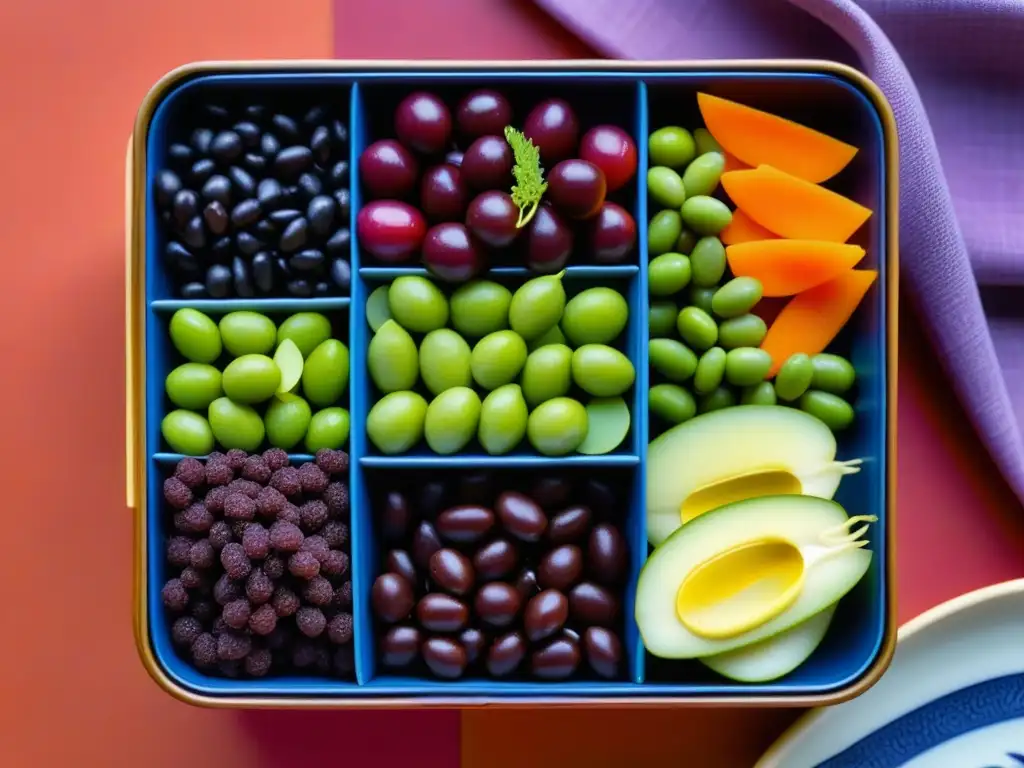 Una exquisita caja bento japonesa llena de legumbres tradicionales y coloridas como edamame y frijoles, sobre un mantel de bambú