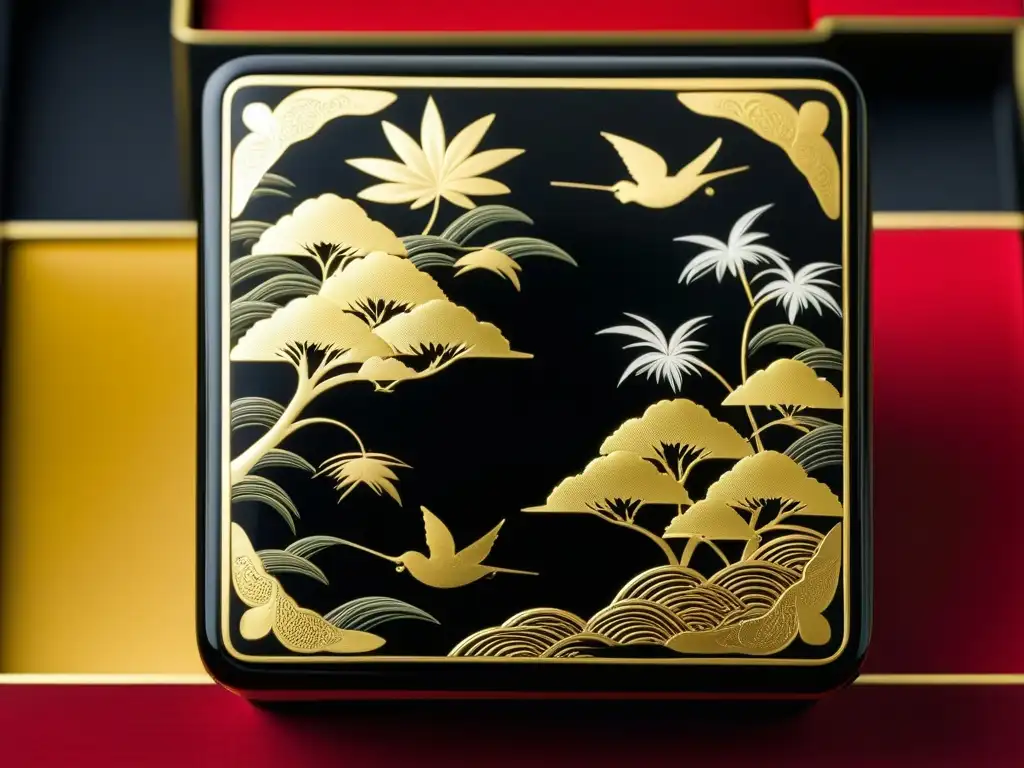 Exquisita caja bento lacada con hoja de oro, reflejo de la opulencia de la corte imperial Edo