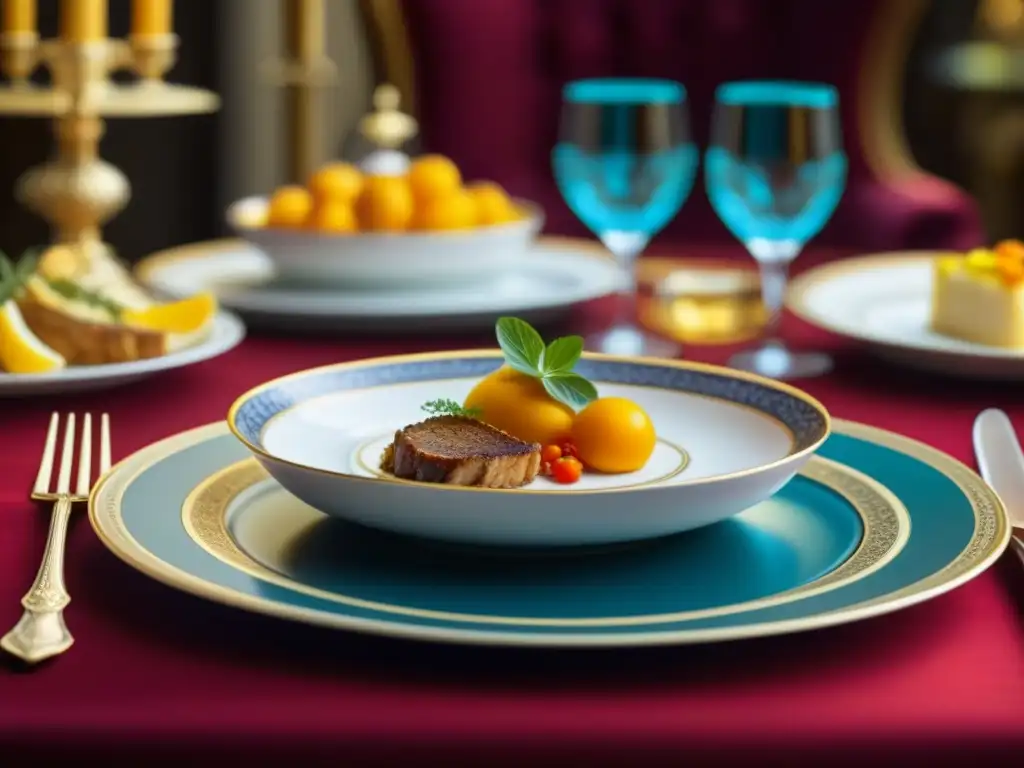 Una exquisita cena real, muestra la gastronomía histórica con detalles delicados y colores vibrantes en una mesa ricamente decorada