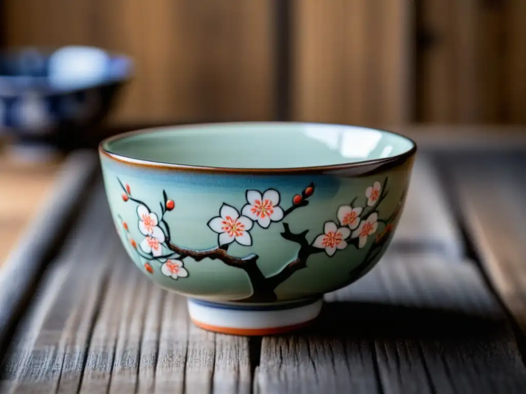 Exquisita cerámica japonesa: detalle de taza con flores de cerezo pintadas a mano en tonos suaves sobre madera rústica