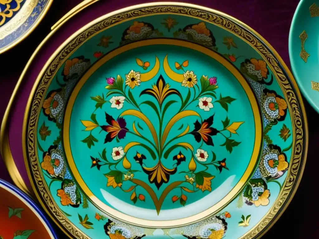 Una exquisita cerámica otomana llena de platillos tradicionales, reflejando la opulencia y diversidad de la cocina otomana recetas históricas cultura