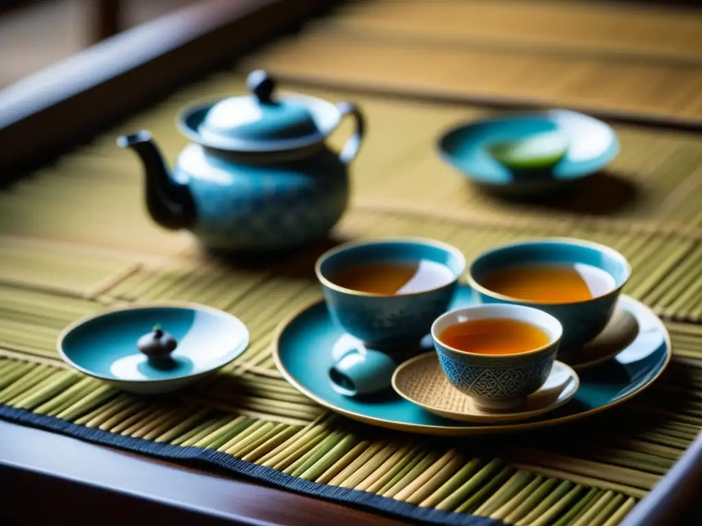 Una exquisita Ceremonia del té en IndoChina: tetera de hierro, tazas de porcelana, hojas sueltas y accesorios sobre un mantel de bambú