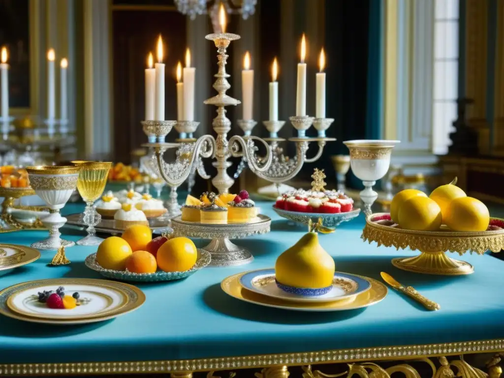 Exquisita cocina histórica en la corte de Catherine the Great, con mesa lujosamente decorada y opulentos manjares