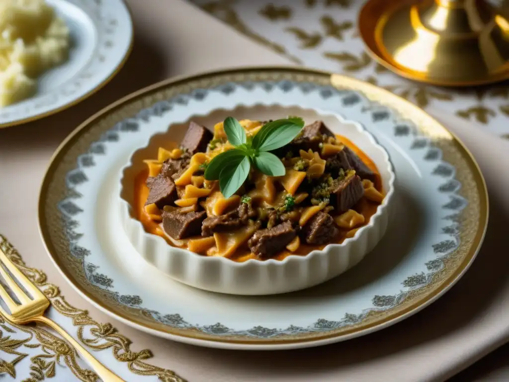 Exquisito plato ruso: Beef Stroganoff en porcelana dorada Una exquisita cocina zarista: Plato de porcelana con detallados diseños dorados, sirviendo un Beef Stroganoff sobre mantel bordado