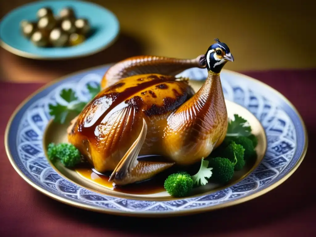 Una exquisita codorniz bizantina glaseada con miel y higos, rodeada de especias exóticas en una cocina bulliciosa